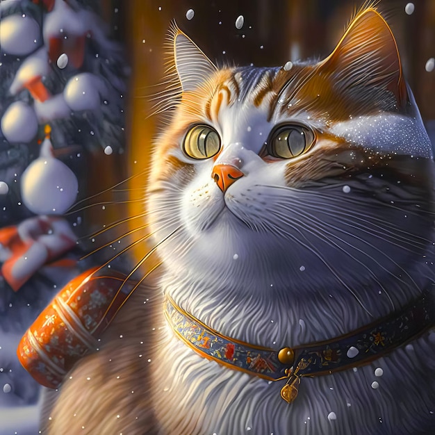 lindo y hermoso gato en un camino nevado esperando la Navidad de Año Nuevo