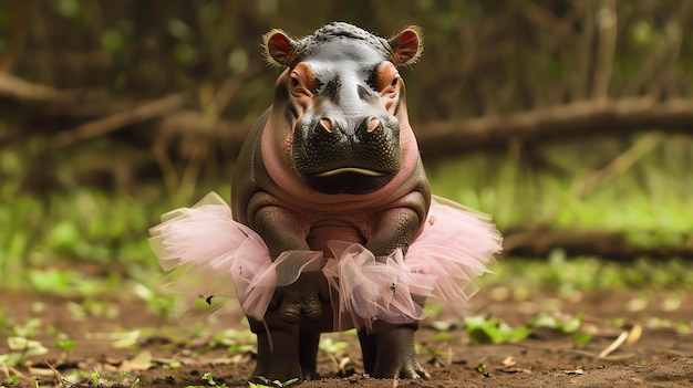 Un lindo hipopótamo bebé con un tutu rosa se encuentra en el medio de un campo verde exuberante