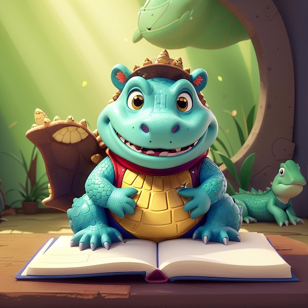 Foto el lindo hipopótamo y el cocodrilo libro de lectura icono vectorial de dibujos animados ilustración icono de educación animal concepto aislado estilo de dibujo animado plano vectorial premium