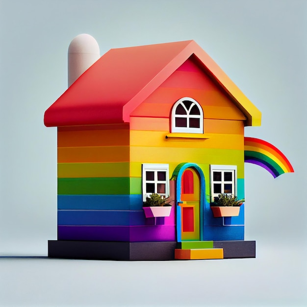 Lindo hogar con bandera LGBT colores 3d render ilustración