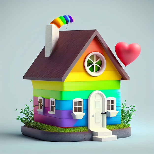 Lindo hogar con bandera LGBT colores 3d render ilustración