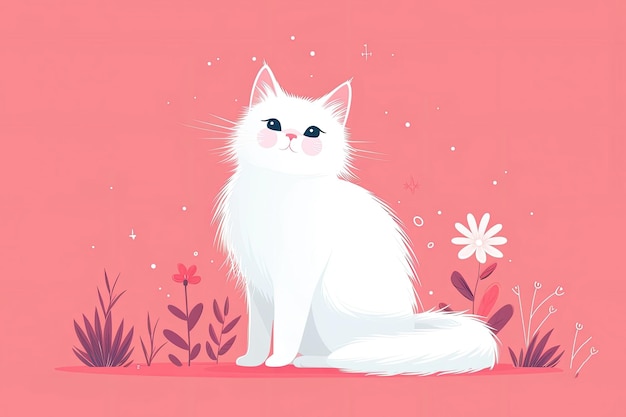 Lindo hogar tranquilo gatito blanco sentado descansando Feliz animal felino con cuello Ilustración vectorial plana aislada en fondo rosa