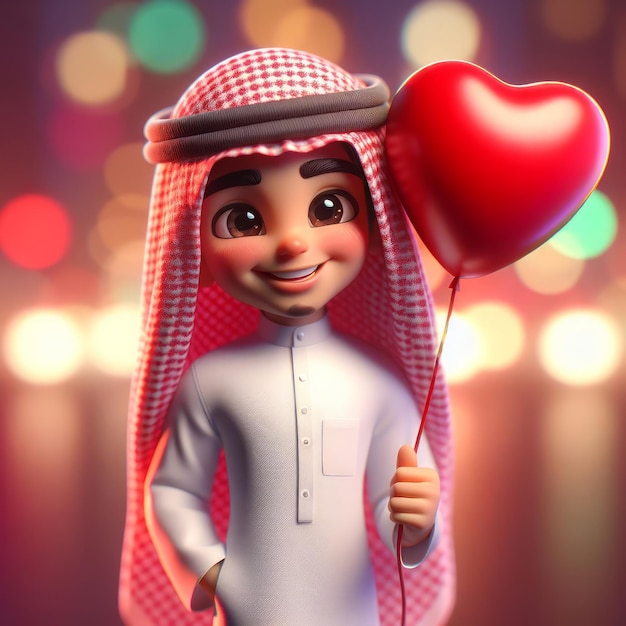 Foto un lindo hombre árabe abrazando un globo en forma de corazón rojo de fondo bokeh