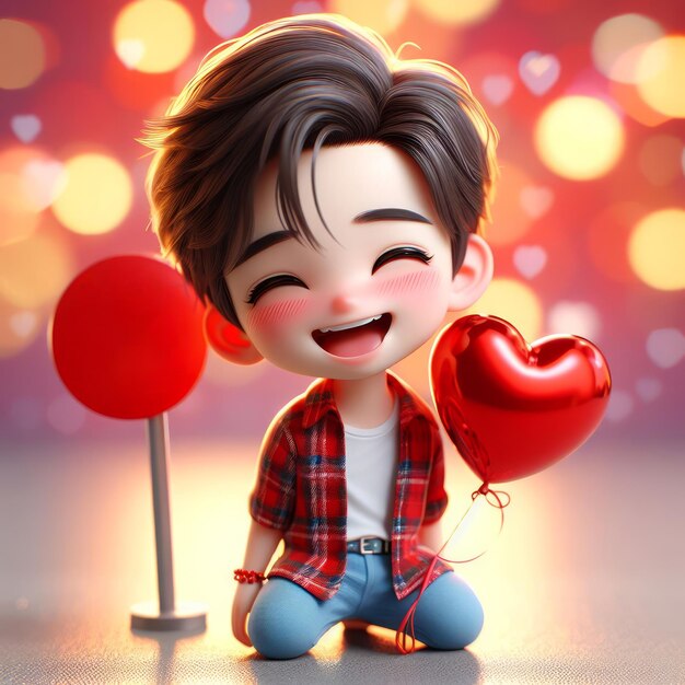 Foto un lindo hombre asiático de pie abrazando un globo en forma de corazón rojo de fondo bokeh