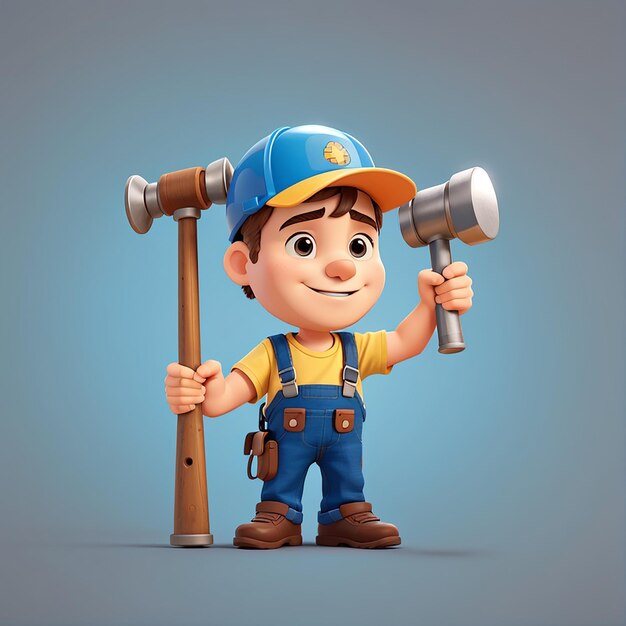 Lindo hombre de obras que sostiene un martillo icona vectorial de dibujos animados ilustración de personas icona de construcción concepto aislado de estilo de dibuyos animados vectorial plano premium