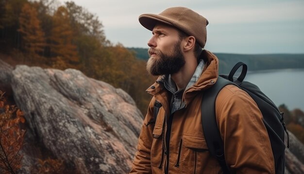 Lindo homem pensativo nas montanhas