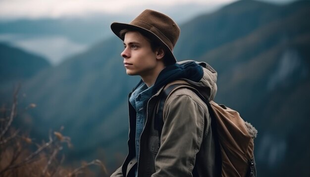 Lindo homem pensativo nas montanhas