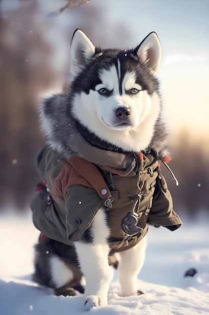 Lindo husky siberiano en atuendo de invierno Aventuras al aire libre