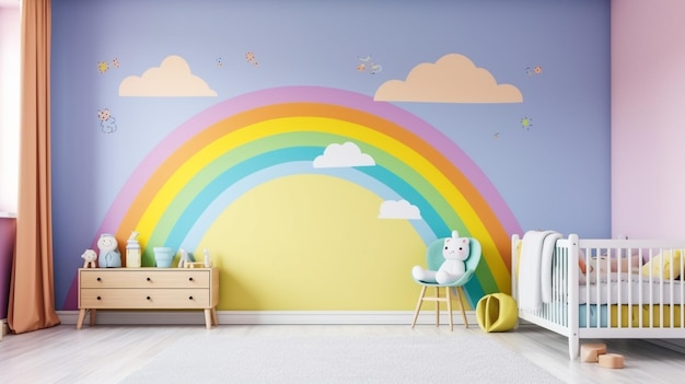 Lindo interior de la habitación del niño con un hermoso arco iris pintado en la pared