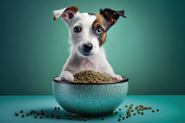 Lindo Jack Russell Terrier com comida seca em uma tigela sobre um fundo colorido