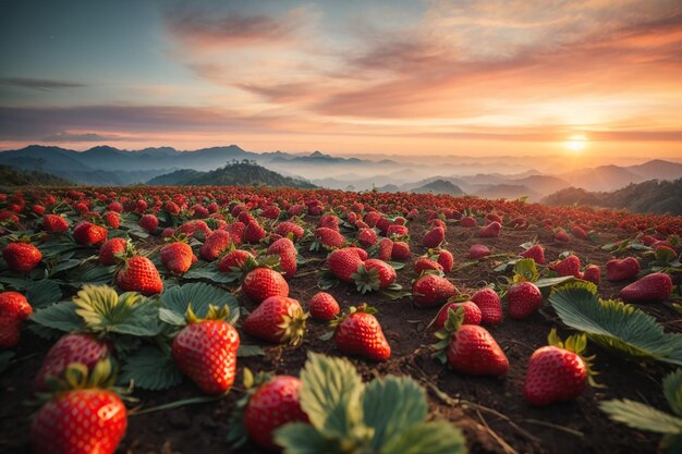 Lindo jardim de morango e nascer do sol em doi ang khang chiang mai tailândia