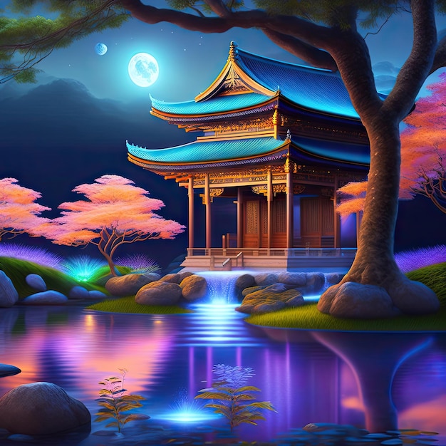 Lindo jardim do palácio zen com um idílico riacho balbuciante de água azul brilhante