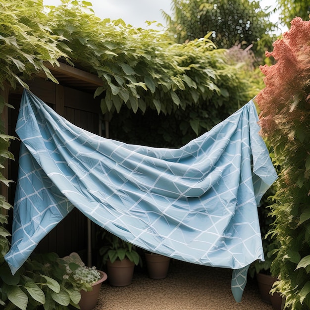 lindo jardim na parka foto vertical de um tecido azul e branco pendurado em uma superfície de madeira