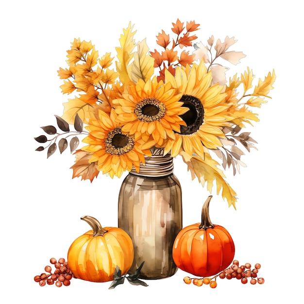 Lindo jarrón de otoño de acuarela con ilustración de girasol y calabazas