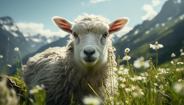 Lindo joven cabrito pastando en prados verdes en el paisaje rural generado por inteligencia artificial