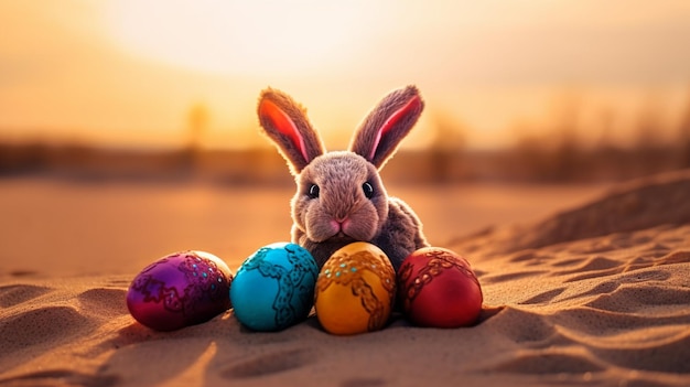 Lindo juguete de conejo y coloridos huevos de Pascua pintados en el desierto bajo el sol Profundidad de campo Concepto de feliz día de Pascua