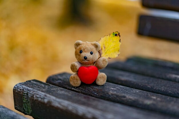 Foto lindo juguete de oso beige con corazón rojo sosteniendo una hoja amarilla de otoño