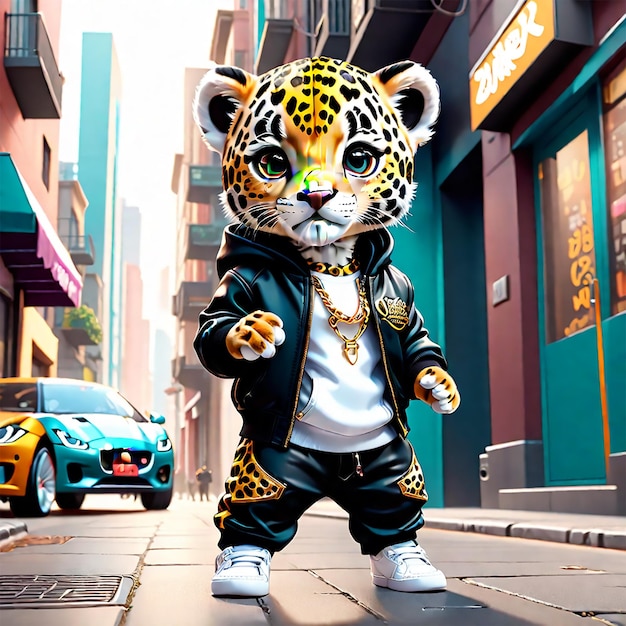 un lindo kawaii pequeño hiperrealista bebé jaguar con ropa de hip hop fondo de la ciudad gran ángulo