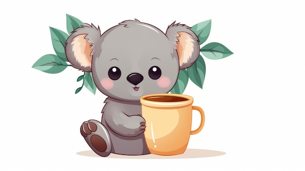 Lindo koala bebiendo té de leche boba con rama de madera árbol de dibujos animados icono vectorial ilustración animal plano