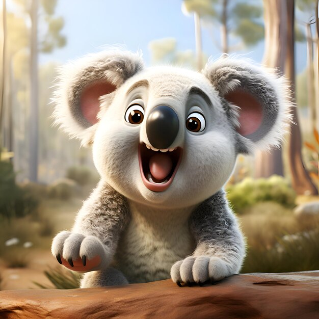 Foto el lindo koala en el bosque de eucaliptos en 3d