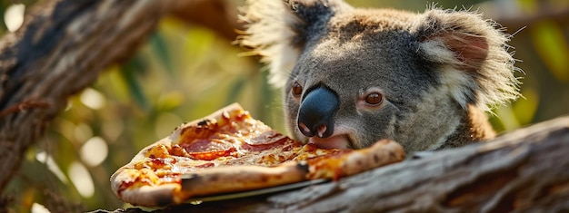 un lindo koala come pizza en un árbol