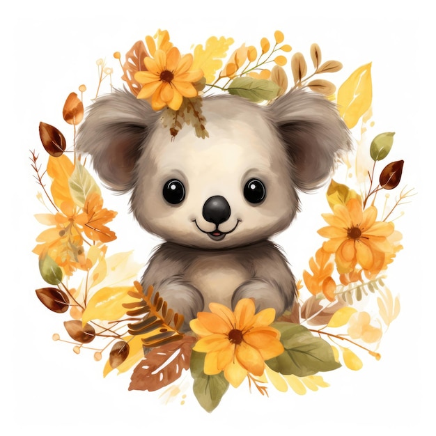 Lindo Koala se deleita en una corona de otoño Ilustración digital de inspiración vintage sobre un fondo blanco
