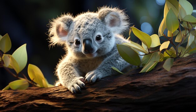 Lindo koala sentado en un árbol mirando la cámara generada por inteligencia artificial