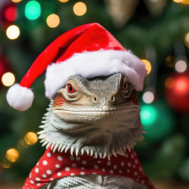 Lindo lagarto con sombrero de Papá Noel y árbol de Navidad con fondo bokeh