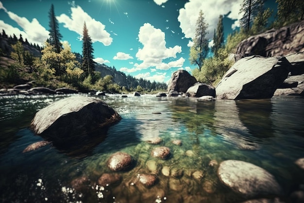 Lindo lago, rio, água limpa, vista dentro de pedras, céu claro, fundo, paisagem