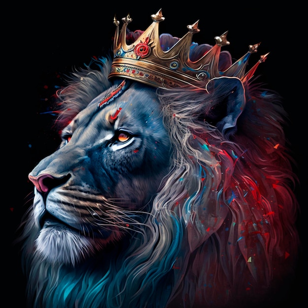 Un lindo león azul y rojo con corona.