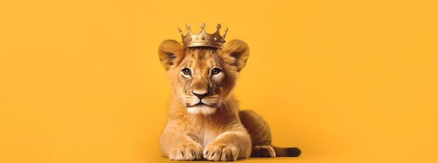 Lindo león bebé con una corona en un fondo naranja con espacio para texto Foto de alta calidad