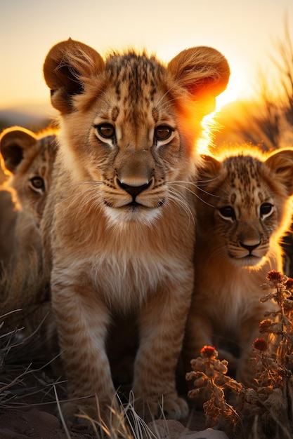 Un lindo león con un bebé león en el bosque IA generativa