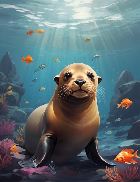 Lindo león marino en el océano hermoso pez lindo pez vector Ai generativo