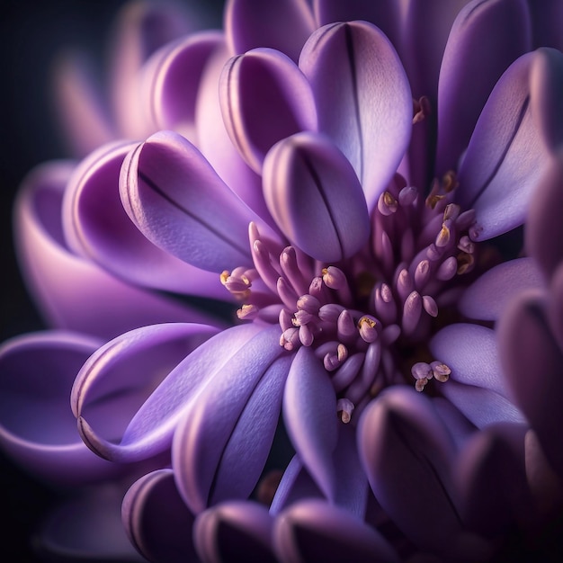 Lindo lilás em uma flor de esfera de vidro entre chamas de luz em um fundo escuro. Illus gerado por IA