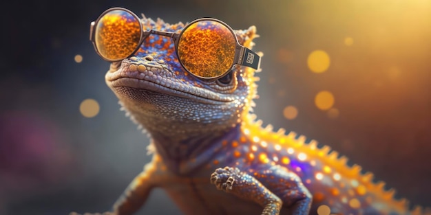 lindo Lizzard con gafas de sol de verano, fondo de verano