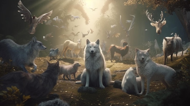 Lindo lobo animado rodeado de animales de grupo Imágenes generadas por IA