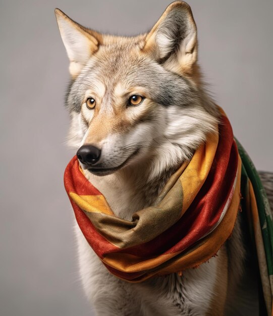 lindo lobo cinzento sorridente com lenço em um retrato de fundo cinzento criado por tecnologia de IA generativa