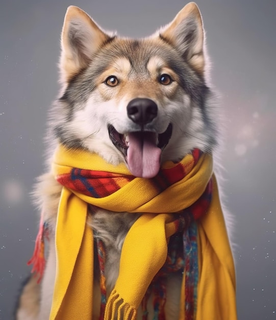 lindo lobo cinzento sorridente com lenço em um retrato de fundo cinzento criado por tecnologia de IA generativa