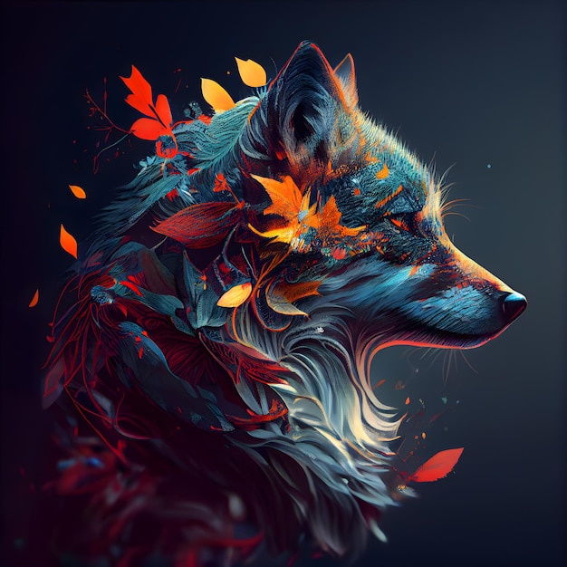 Lindo lobo com folhas de outono em uma ilustração de fundo escuro