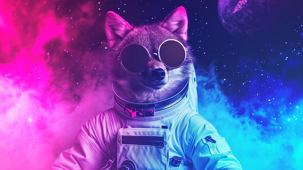 El lindo lobo espacial vestido con un traje de astronauta con gafas de sol en rosa y azul Generative Ai