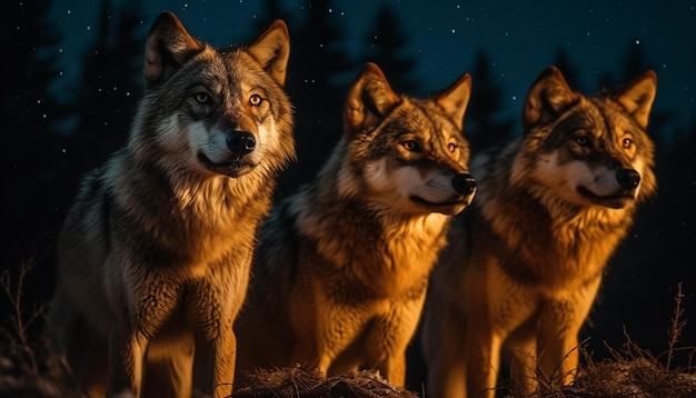 Foto un lindo lobo sentado en la nieve observando el bosque generado por la ia.