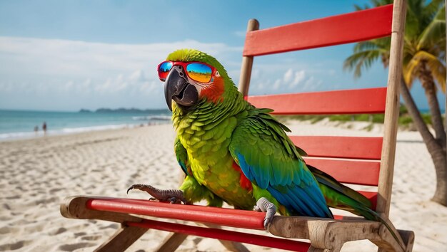 Foto un lindo loro con gafas de sol en la playa