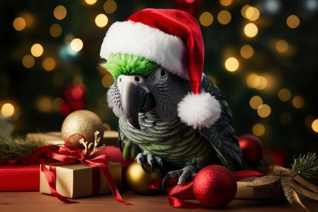 Foto un lindo loro con un sombrero de papá noel