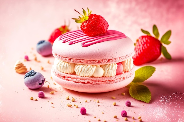 Lindo macaron de morango rosa com creme e frutas na luz de fundo