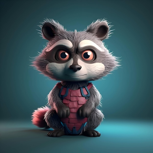 Lindo mapache de dibujos animados sobre fondo azul renderizado 3D