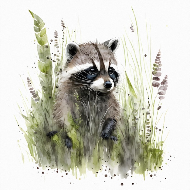 Lindo mapache está sentado en el campo entre flores silvestres y hierba Ilustración de acuarela