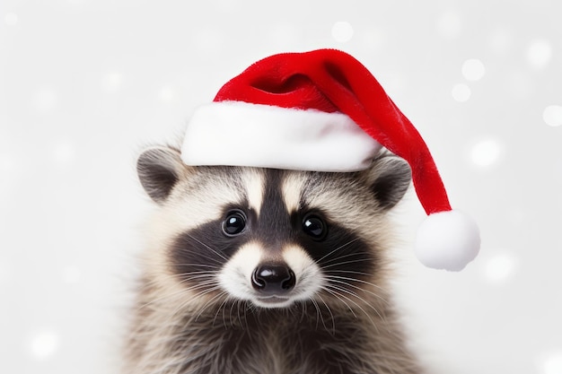 Un lindo mapache festivo con un retrato de animal navideño con sombrero de Papá Noel