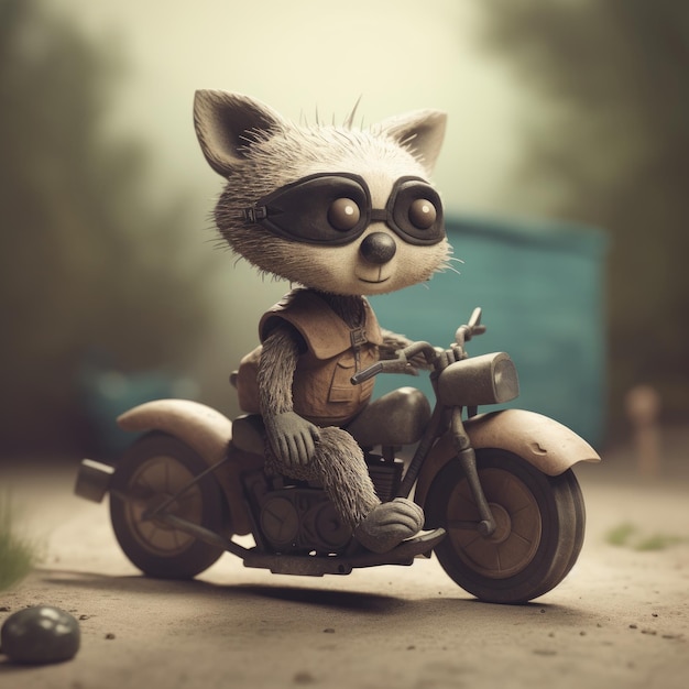 lindo mapache montando una motocicleta