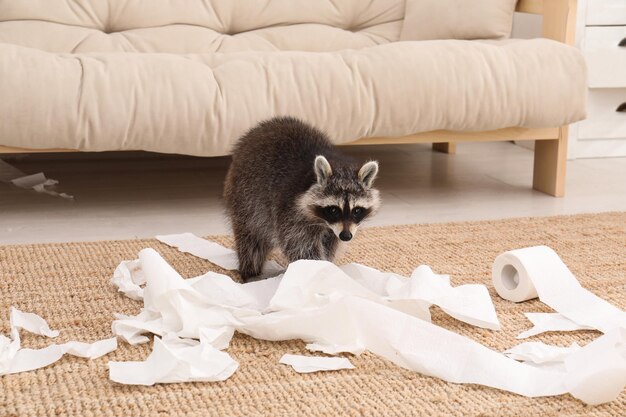 Lindo mapache travieso jugando con papel higiénico en el piso interior