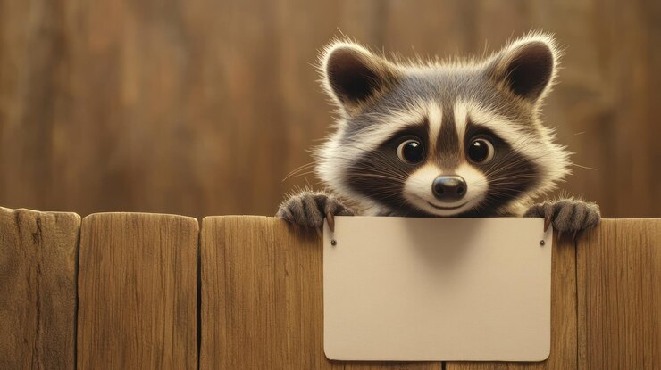 El lindo mapaches de dibujos animados sostiene un letrero en blanco en una valla de madera